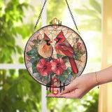 Cardinal Couple with Hibiscus Stained Glass Suncatcher, Red Bird Floral Window Panel, Romantic Garden Nature Decor for Bird Lovers