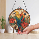 Macaw Parrot Stained Glass Suncatcher, Tropical Birds and Hibiscus Window Panel, Vibrant Jungle Decor for Exotic Home Style