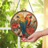 Macaw Parrot Stained Glass Suncatcher, Tropical Birds and Hibiscus Window Panel, Vibrant Jungle Decor for Exotic Home Style