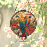 Macaw Parrot Stained Glass Suncatcher, Tropical Birds and Hibiscus Window Panel, Vibrant Jungle Decor for Exotic Home Style