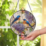 Bluebird and Lilac Stained Glass Suncatcher, Colorful Bird Window Panel, Spring Floral Round Acrylic Decor for Nature Lovers