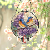 Bluebird and Lilac Stained Glass Suncatcher, Colorful Bird Window Panel, Spring Floral Round Acrylic Decor for Nature Lovers