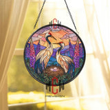 Crane Nest Sunset Stained Glass Suncatcher, Elegant Bird Panel with Eggs, Purple Floral Round Window Hanging for Nature Decor