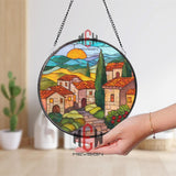 Tuscan Village Stained Glass Suncatcher, Vibrant Italian Countryside Round Window Panel, Colorful Sunlit Landscape Decor for Travel Lovers