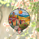 Tuscan Village Stained Glass Suncatcher, Vibrant Italian Countryside Round Window Panel, Colorful Sunlit Landscape Decor for Travel Lovers