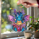 Galaxy Dragon Reading Faux Stained Glass Suncatcher, Cosmic Window Panel, Fantasy Nerd Decor, Book Lover Gift for Kids, Teens & Dreamers