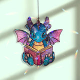 Galaxy Dragon Reading Faux Stained Glass Suncatcher, Cosmic Window Panel, Fantasy Nerd Decor, Book Lover Gift for Kids, Teens & Dreamers