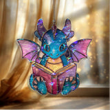 Galaxy Dragon Reading Faux Stained Glass Suncatcher, Cosmic Window Panel, Fantasy Nerd Decor, Book Lover Gift for Kids, Teens & Dreamers