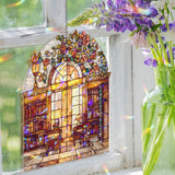 Library Faux Stained Glass Suncatcher Panel, Arched Window Book Nook with Roses, Cozy Reading Room Decor for Writers & Book Lovers