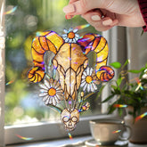 Ram Skull Acrylic Wavy Suncatcher Ornament, Gothic Daisy Floral Window Hanging, Witchy Boho Western Decor for Rustic or Alternative Homes