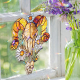 Ram Skull Acrylic Wavy Suncatcher Ornament, Gothic Daisy Floral Window Hanging, Witchy Boho Western Decor for Rustic or Alternative Homes