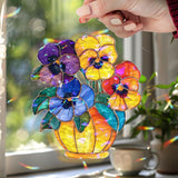 Pansy Flower Acrylic Wavy Suncatcher Ornament, Colorful Floral Window Panel, Bright Garden Bloom Decor in Yellow, Purple, Blue & Orange