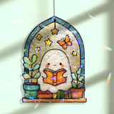 Ghost Reading Acrylic Wavy Suncatcher Ornament, Cute Spirit with Blue Butterflies, Arched Faux Stained Glass Window Decor for Book Lovers