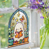 Ghost Reading Acrylic Wavy Suncatcher Ornament, Cute Spirit with Blue Butterflies, Arched Faux Stained Glass Window Decor for Book Lovers