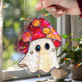 Mushroom Ghost Acrylic Wavy Suncatcher Ornament, Cute Red Toadstool Spirit, Whimsical Faux Stained Glass Halloween Window Hanging Decor