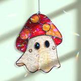 Mushroom Ghost Acrylic Wavy Suncatcher Ornament, Cute Red Toadstool Spirit, Whimsical Faux Stained Glass Halloween Window Hanging Decor