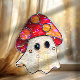 Mushroom Ghost Acrylic Wavy Suncatcher Ornament, Cute Red Toadstool Spirit, Whimsical Faux Stained Glass Halloween Window Hanging Decor