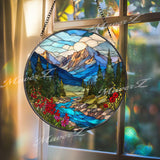 Mountain Landscape Glass Suncatcher: Alpine River Window Hanging, Cabin Decor