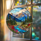 Mountain Landscape Glass Suncatcher: Alpine River Window Hanging, Cabin Decor