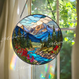 Mountain Landscape Glass Suncatcher: Alpine River Window Hanging, Cabin Decor