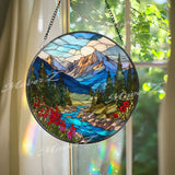 Mountain Landscape Glass Suncatcher: Alpine River Window Hanging, Cabin Decor