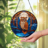 Moonlit Owl Suncatcher: Stained Glass Window Panel, Woodland Decor