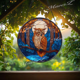 Moonlit Owl Suncatcher: Stained Glass Window Panel, Woodland Decor