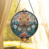 Stained Glass Castle Suncatcher, Round Fantasy Window Panel with Lilies, Medieval Fortress Glass Art Decor for Home and Garden