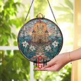 Stained Glass Castle Suncatcher, Round Fantasy Window Panel with Lilies, Medieval Fortress Glass Art Decor for Home and Garden
