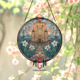 Stained Glass Castle Suncatcher, Round Fantasy Window Panel with Lilies, Medieval Fortress Glass Art Decor for Home and Garden