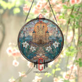 Stained Glass Castle Suncatcher, Round Fantasy Window Panel with Lilies, Medieval Fortress Glass Art Decor for Home and Garden