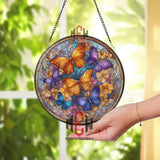 Colorful Butterfly Stained Glass Suncatcher, Round Window Panel with Orange, Blue, and Purple Butterflies, Floral Glass Art Home Decor