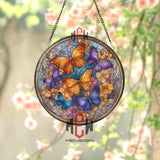 Colorful Butterfly Stained Glass Suncatcher, Round Window Panel with Orange, Blue, and Purple Butterflies, Floral Glass Art Home Decor