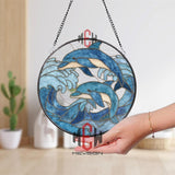Dolphin Stained Glass Suncatcher, Round Ocean Wave Window Panel, Blue Marine Life Glass Art Decor for Sea and Beach Lovers