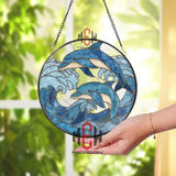 Dolphin Stained Glass Suncatcher, Round Ocean Wave Window Panel, Blue Marine Life Glass Art Decor for Sea and Beach Lovers