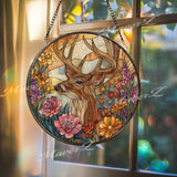 Deer Stained Glass Suncatcher: Buck in Wildflowers Window Hanging