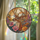 Deer Stained Glass Suncatcher: Buck in Wildflowers Window Hanging