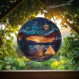 Mountain Camping Stained Glass Suncatcher: Starry Night Forest Decor