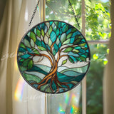 Tree of Life Stained Glass Suncatcher: Green & Blue Window Decor