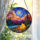 Mountain Camping Stained Glass Suncatcher: Starry Night Tent & Campfire