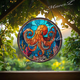 Octopus Stained Glass Suncatcher: Nautical Ocean Window Decor
