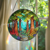 Forest Path Stained Glass Suncatcher: Woodland Nature Scene Window Decor