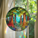Forest Path Stained Glass Suncatcher: Woodland Nature Scene Window Decor