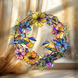 Bluebird Wreath Acrylic Wavy Suncatcher Ornament, Colorful Floral Circle Faux Stained Glass Window Hanging, Spring Garden Bird Decor
