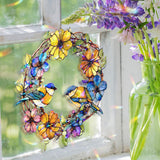 Bluebird Wreath Acrylic Wavy Suncatcher Ornament, Colorful Floral Circle Faux Stained Glass Window Hanging, Spring Garden Bird Decor