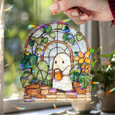 Cute Ghost Gardener Acrylic Wavy Suncatcher Ornament, Whimsical Plant Faux Stained Glass Window Decor, Kawaii Spooky Gift for Garden Lovers