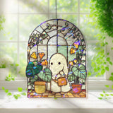 Cute Ghost Gardener Acrylic Wavy Suncatcher Ornament, Whimsical Plant Faux Stained Glass Window Decor, Kawaii Spooky Gift for Garden Lovers