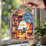 Cozy Ghost Reading Acrylic Wavy Suncatcher Ornament, Spooky Halloween Decor with Cat, Pumpkin & Books, Cottagecore Ghost Lover Gift