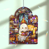 Cozy Ghost Reading Acrylic Wavy Suncatcher Ornament, Spooky Halloween Decor with Cat, Pumpkin & Books, Cottagecore Ghost Lover Gift