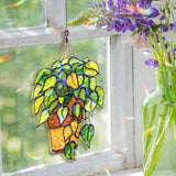 Hanging Plant Acrylic Wavy Suncatcher Ornament, Green Vines in Terracotta Pot, Botanical Faux Stained Glass Window Decor for Plant Lovers